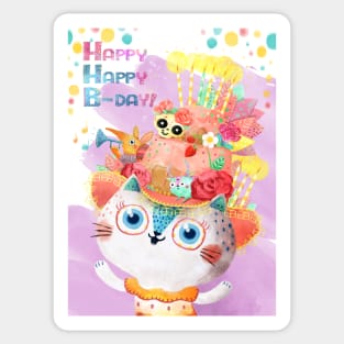 Happy Birthday Card with Cute Cat in Birthday Cake Hat Sticker